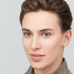 Neutral white young-adult female with short  brown hair and brown eyes