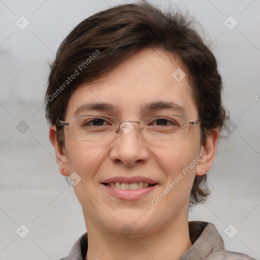 Joyful white adult female with short  brown hair and brown eyes