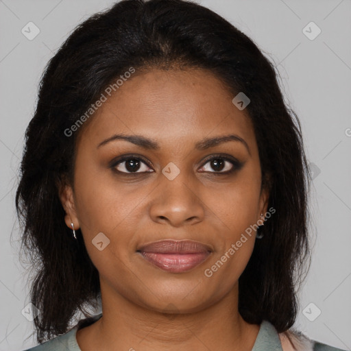 Joyful black young-adult female with medium  brown hair and brown eyes