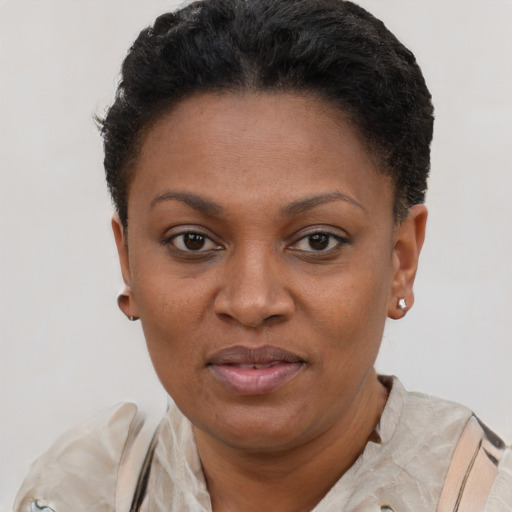 Joyful black young-adult female with short  brown hair and brown eyes