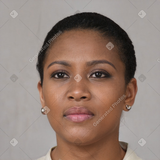 Neutral black young-adult female with short  brown hair and brown eyes