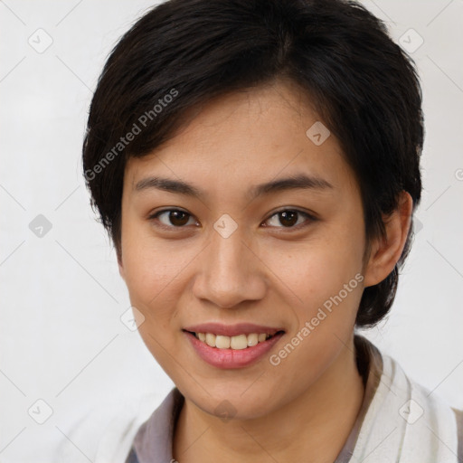 Joyful latino young-adult female with short  brown hair and brown eyes