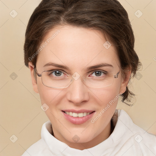 Joyful white young-adult female with medium  brown hair and green eyes