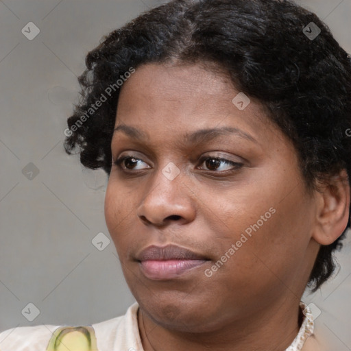 Neutral white young-adult female with short  brown hair and brown eyes