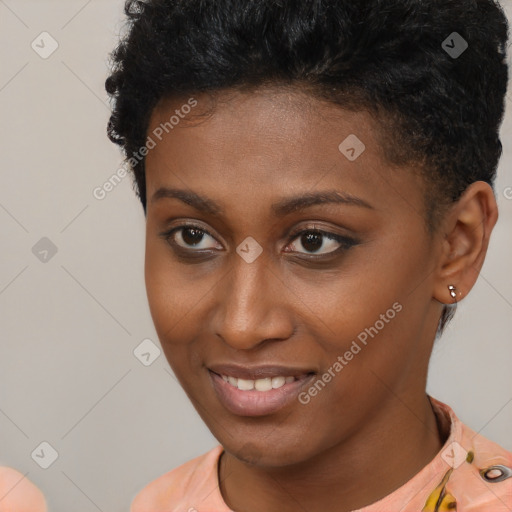 Joyful latino young-adult female with short  brown hair and brown eyes