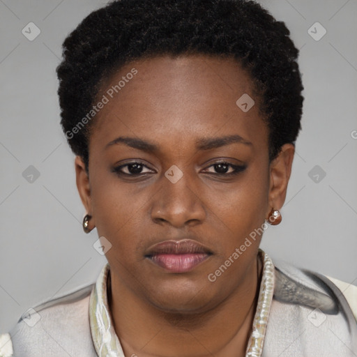 Neutral black young-adult female with short  brown hair and brown eyes