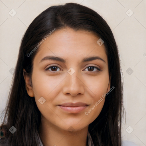 Joyful latino young-adult female with long  brown hair and brown eyes