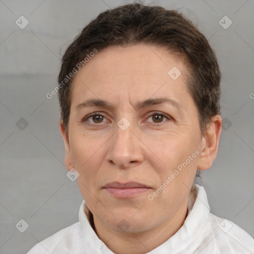 Joyful white adult female with short  brown hair and brown eyes