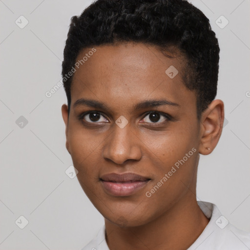 Joyful black young-adult male with short  brown hair and brown eyes