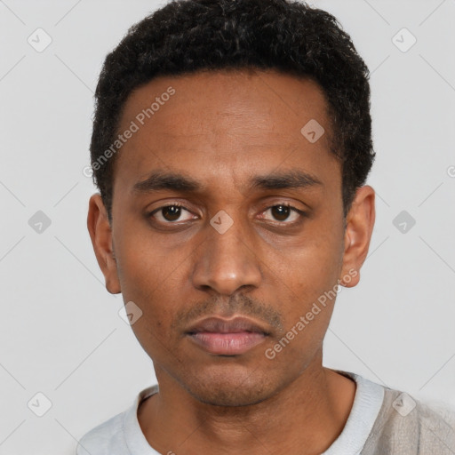 Neutral black young-adult male with short  black hair and brown eyes