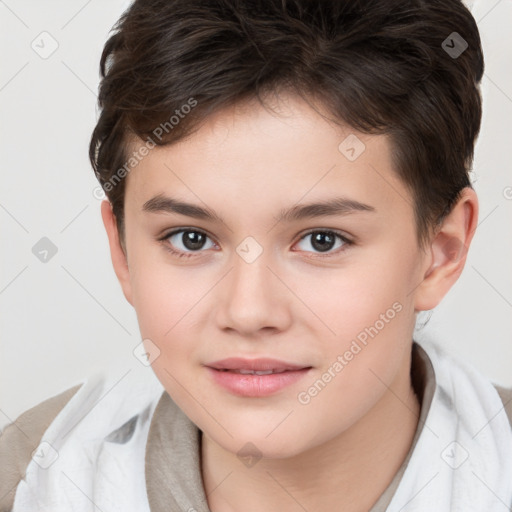 Joyful white child female with short  brown hair and brown eyes