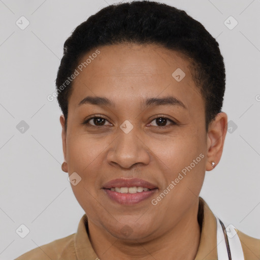 Joyful latino young-adult female with short  brown hair and brown eyes