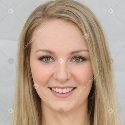 Joyful white young-adult female with long  brown hair and green eyes