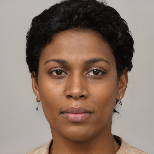 Neutral black young-adult female with short  black hair and brown eyes