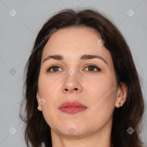 Neutral white young-adult female with medium  brown hair and brown eyes