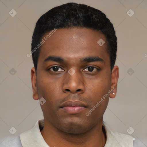 Neutral black young-adult male with short  black hair and brown eyes