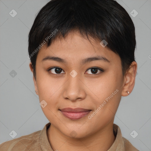 Joyful asian young-adult female with short  brown hair and brown eyes