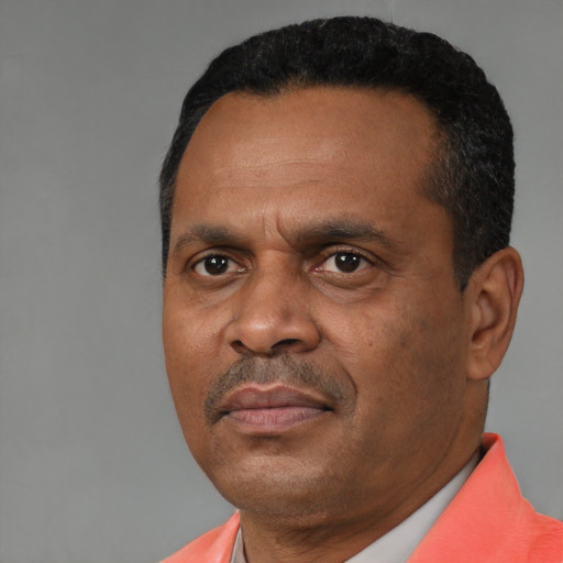 Neutral black adult male with short  black hair and brown eyes