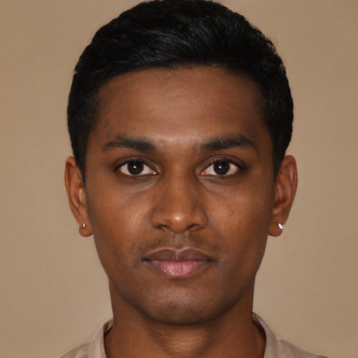 Neutral black young-adult male with short  black hair and brown eyes