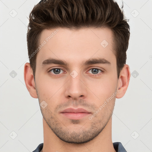 Neutral white young-adult male with short  brown hair and brown eyes