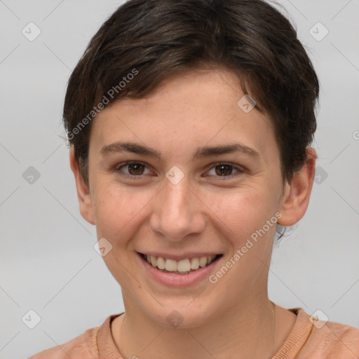 Joyful white young-adult female with short  brown hair and brown eyes