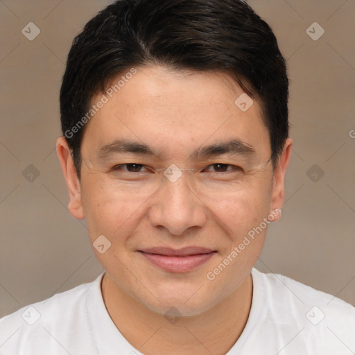 Joyful white young-adult male with short  brown hair and brown eyes