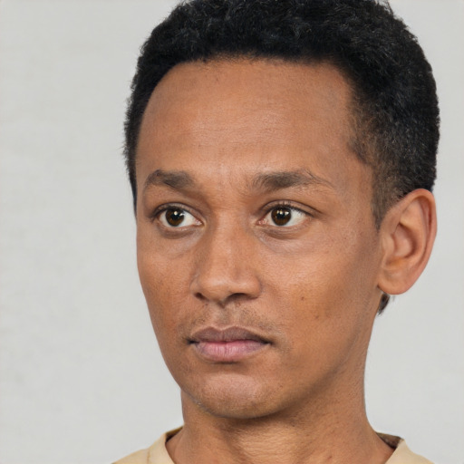 Neutral black young-adult male with short  black hair and brown eyes