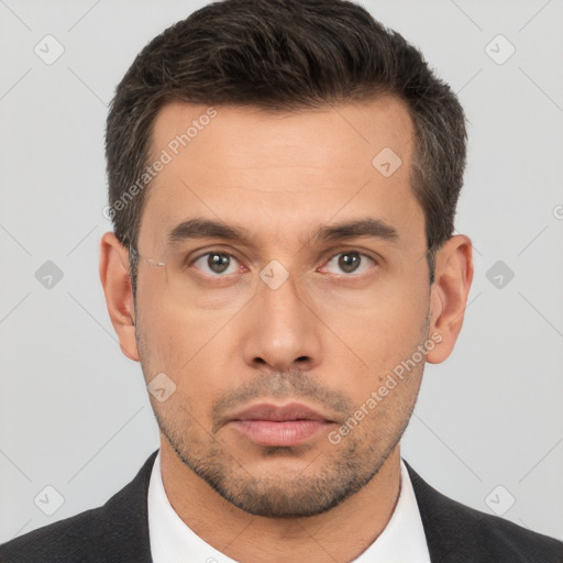 Neutral white adult male with short  brown hair and brown eyes