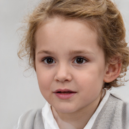 Neutral white child female with medium  brown hair and grey eyes