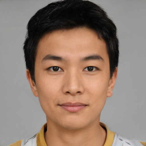 Neutral asian young-adult male with short  brown hair and brown eyes