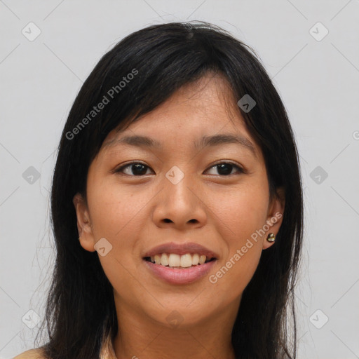 Joyful asian young-adult female with long  brown hair and brown eyes