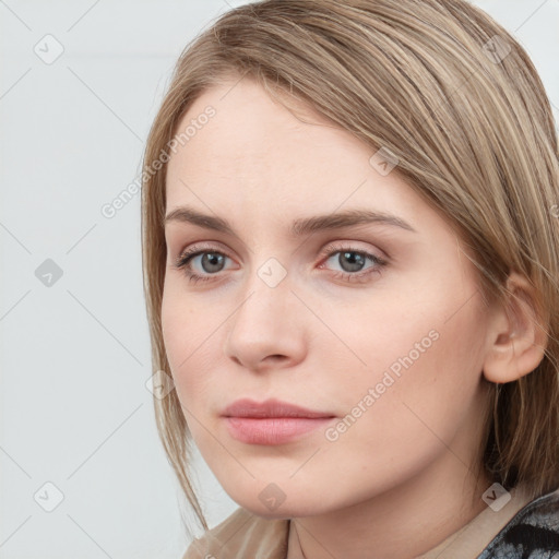 Neutral white young-adult female with medium  brown hair and grey eyes