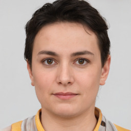 Neutral white young-adult female with short  brown hair and brown eyes