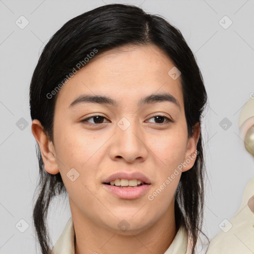 Joyful white young-adult female with medium  black hair and brown eyes