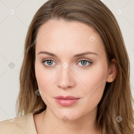 Neutral white young-adult female with long  brown hair and grey eyes