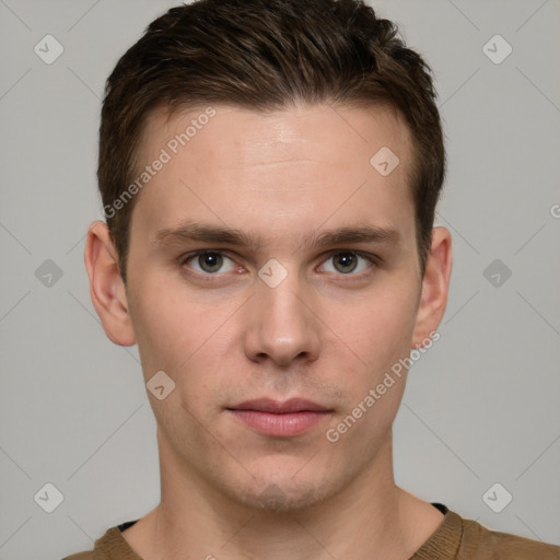 Neutral white young-adult male with short  brown hair and grey eyes