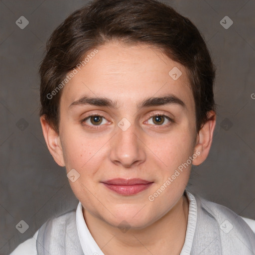 Joyful white young-adult female with short  brown hair and brown eyes