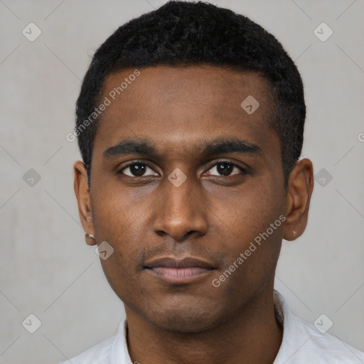 Neutral black young-adult male with short  black hair and brown eyes
