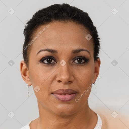 Joyful black adult female with short  brown hair and brown eyes