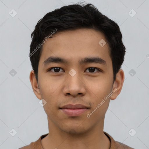 Neutral asian young-adult male with short  black hair and brown eyes