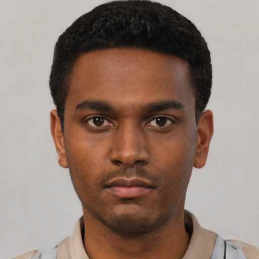 Neutral black young-adult male with short  black hair and brown eyes