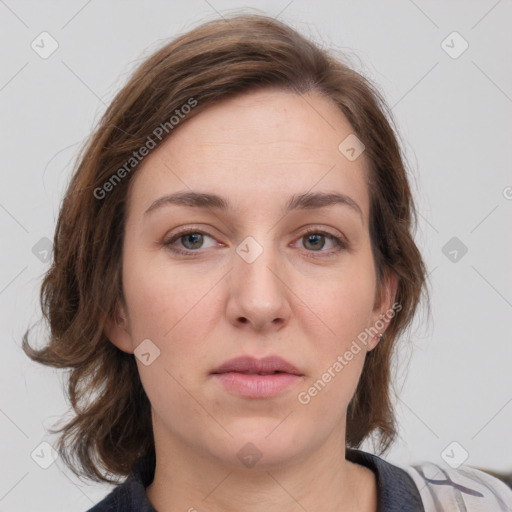 Neutral white young-adult female with medium  brown hair and grey eyes