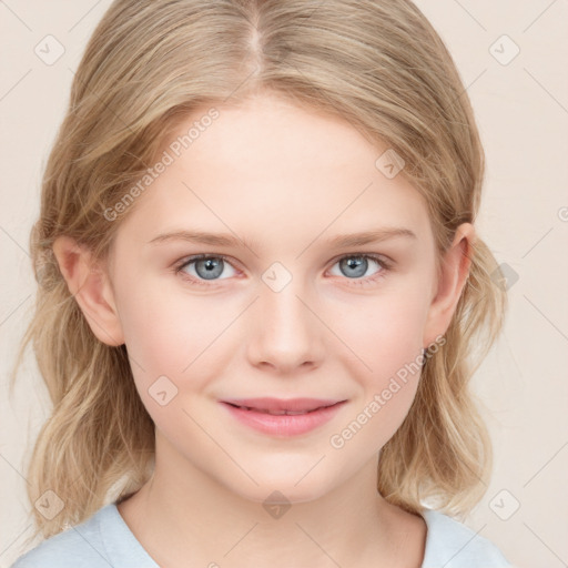 Joyful white child female with medium  brown hair and blue eyes