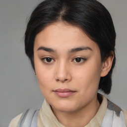 Neutral asian young-adult female with medium  brown hair and brown eyes