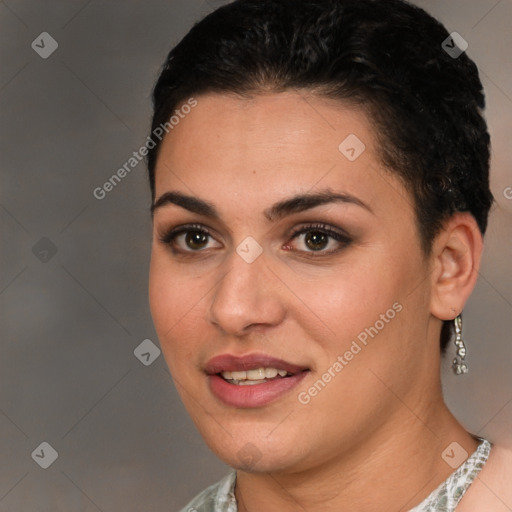 Joyful white young-adult female with short  brown hair and brown eyes