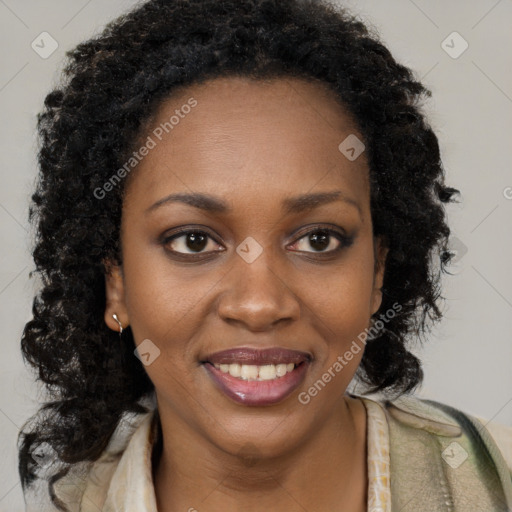 Joyful black young-adult female with long  brown hair and brown eyes