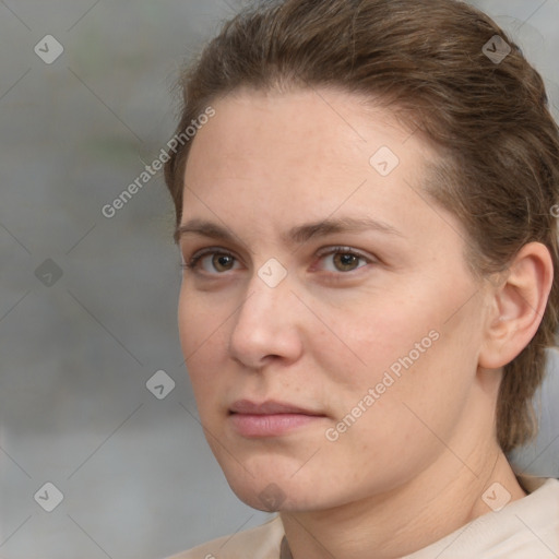 Neutral white adult female with medium  brown hair and brown eyes