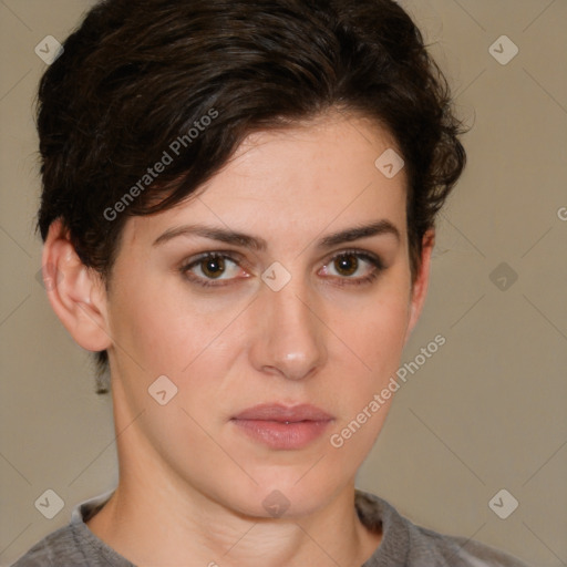 Neutral white young-adult female with short  brown hair and brown eyes