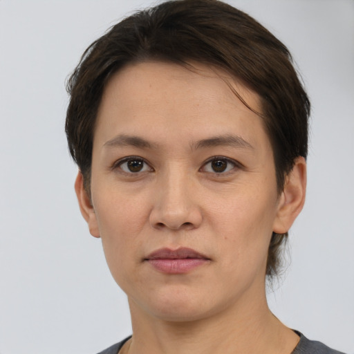 Neutral white young-adult female with short  brown hair and brown eyes
