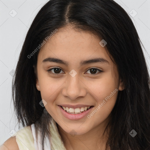 Joyful latino young-adult female with long  brown hair and brown eyes